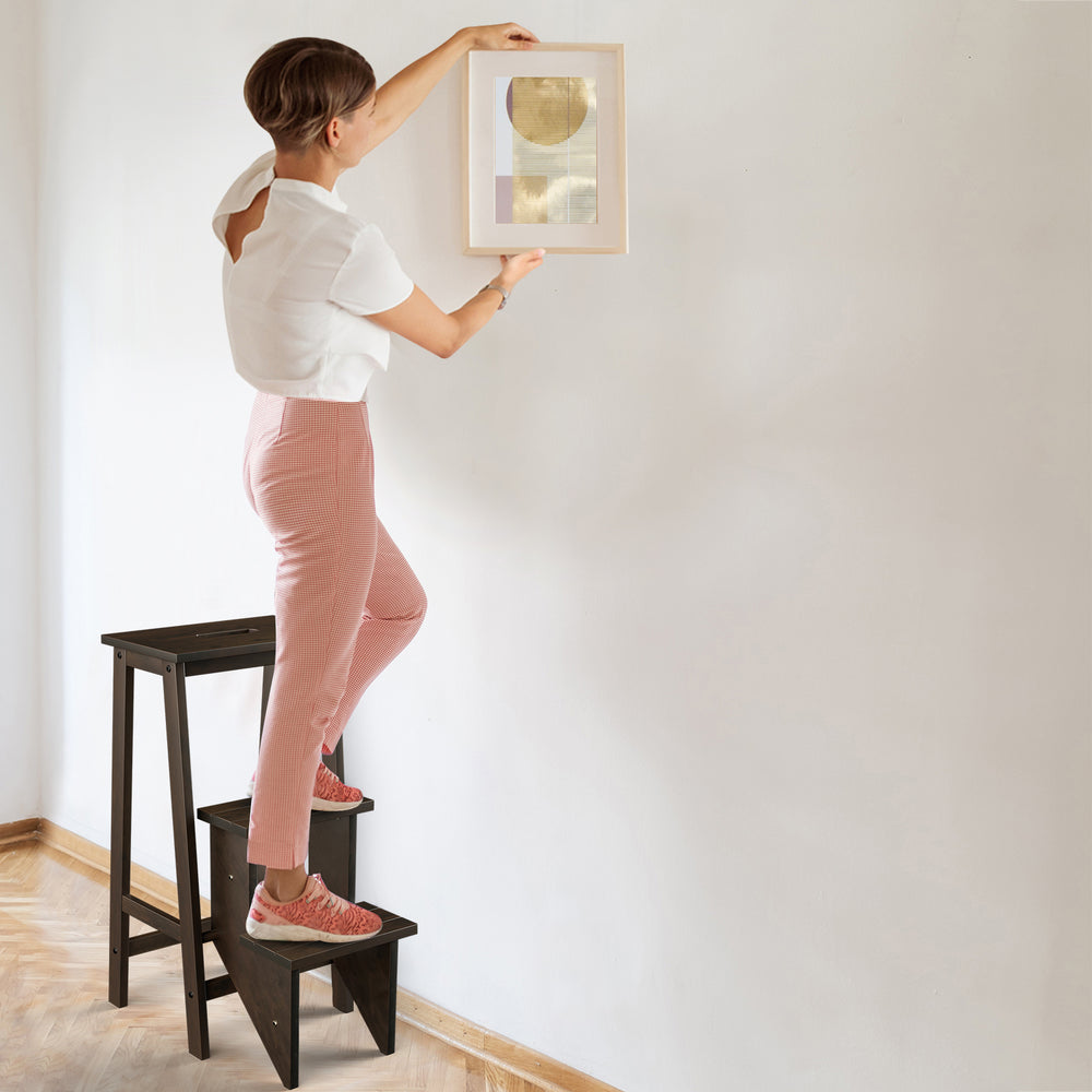 3-in-1 Rubber Wood 3 Tier Folding Step Stool Ladder Storage Shelf-Brown - Gallery View 1 of 10