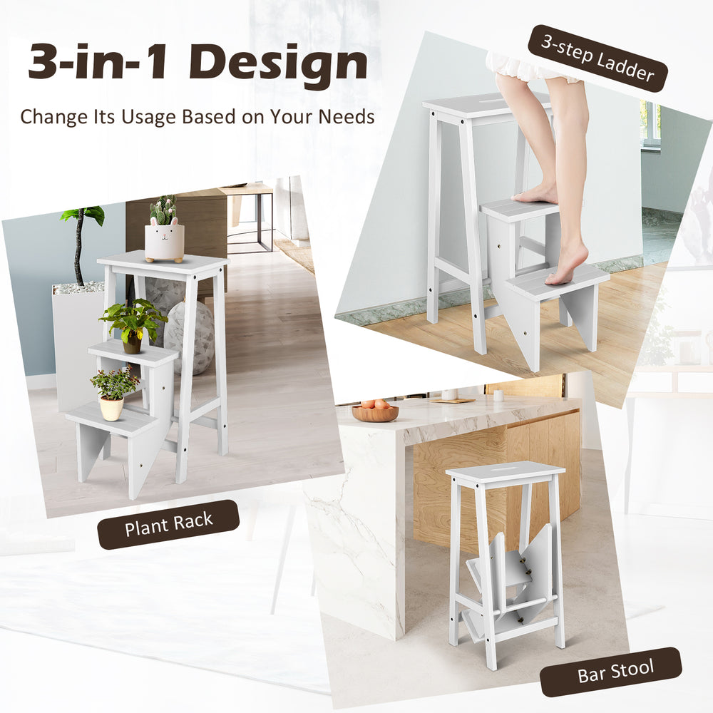 3-tier folding ladder bench in white, made of premium rubber wood, versatile for storage, plant rack, or shoe bench.