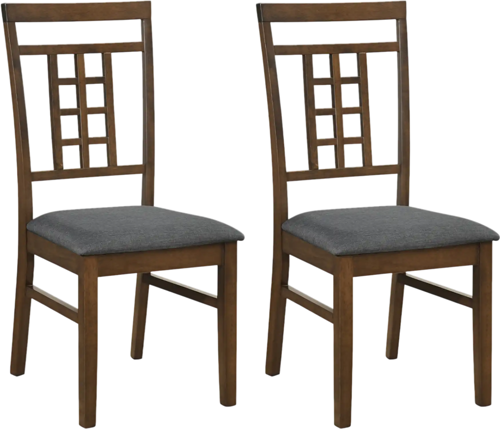 Set of 2 brown rubber wood dining chairs with lattice backrest and soft padded sponge, ideal for kitchen or dining room.