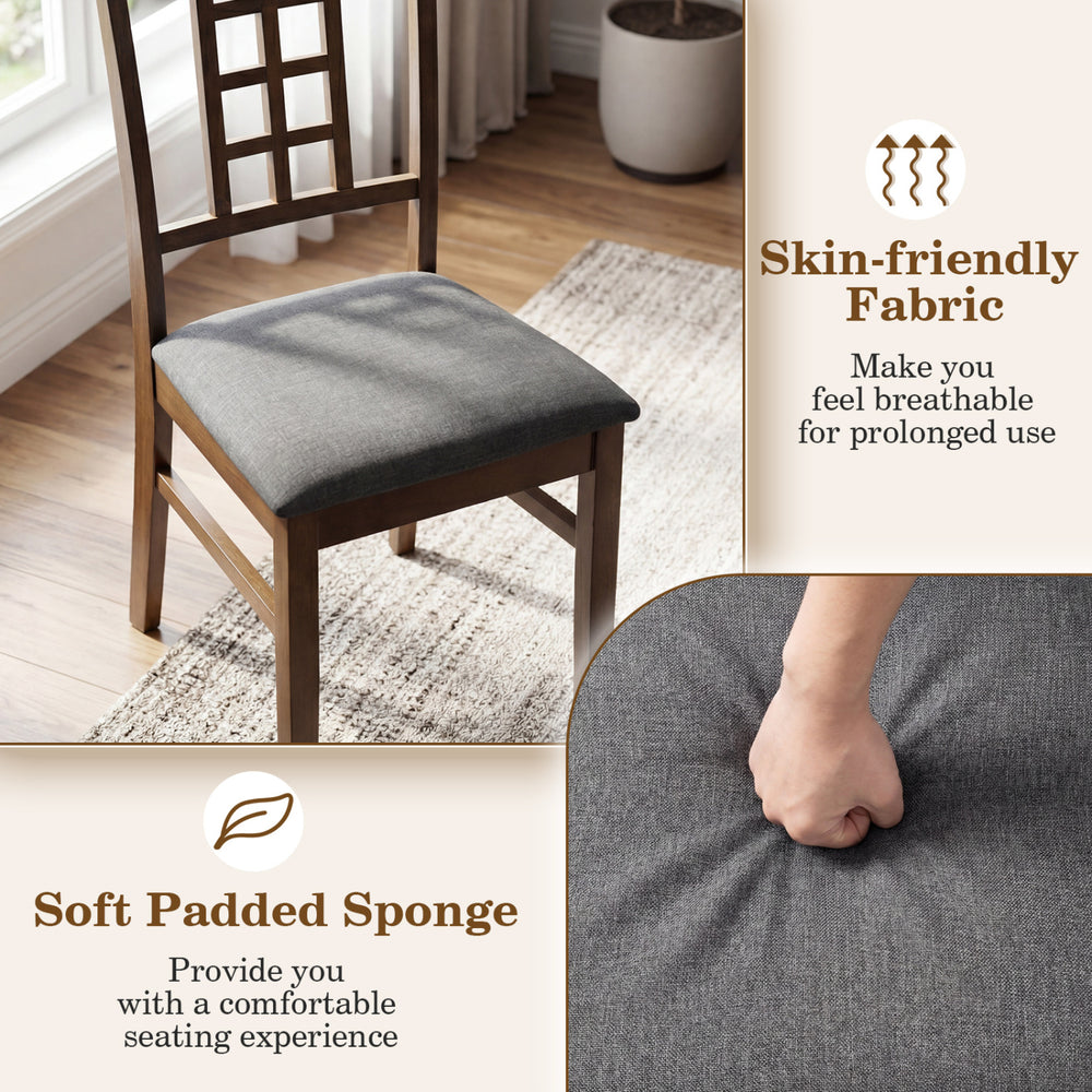 Brown rubber wood dining chair with lattice back, featuring soft padded sponge and skin-friendly fabric for comfort.
