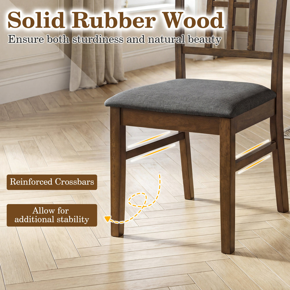 Brown rubber wood dining chair with lattice backrest, padded seat, and reinforced crossbars for added stability.