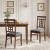 Brown rubber wood dining chairs with lattice backrest and soft padded seats, perfect for kitchen or dining room use.