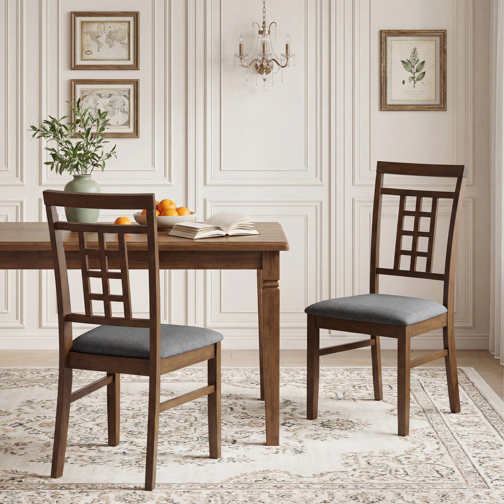 Brown rubber wood dining chairs with lattice backrest and soft padded seats, perfect for kitchen or dining room use.
