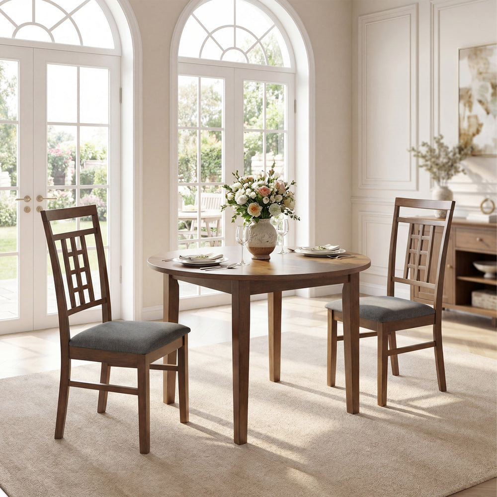 Brown rubber wood dining chairs set of 4 with lattice backrest, perfect for kitchen or dining room use.