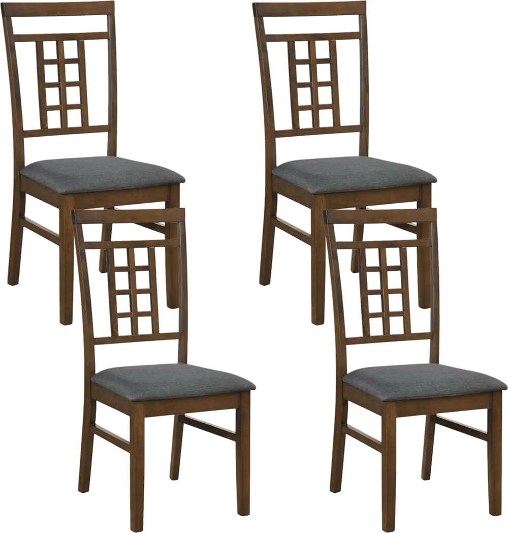 Set of 4 brown rubber wood dining chairs with lattice backrest and soft padded seats, ideal for kitchen or dining room.