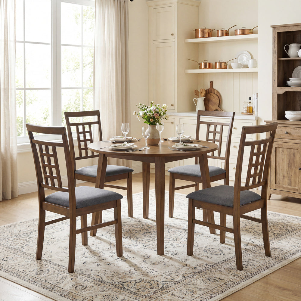 Set of 4 brown rubber wood dining chairs with lattice backrest and soft padded sponge, ideal for kitchen or dining room.