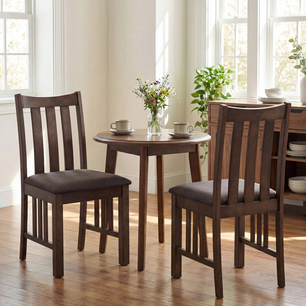 Brown rubber wood dining chairs set of 2 with slat backrest, ideal for kitchen or dining room use.