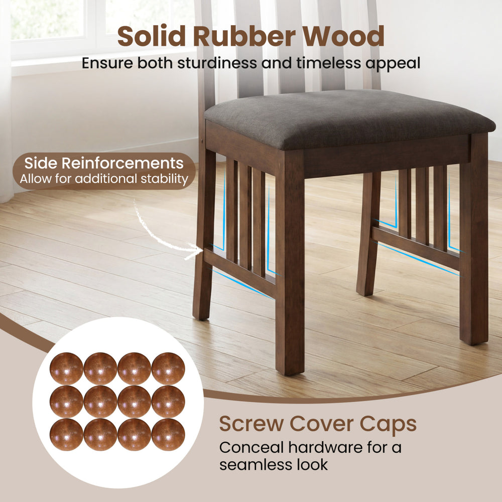 Brown rubber wood dining chair with slat backrest, featuring side reinforcements for stability, ideal for dining rooms.