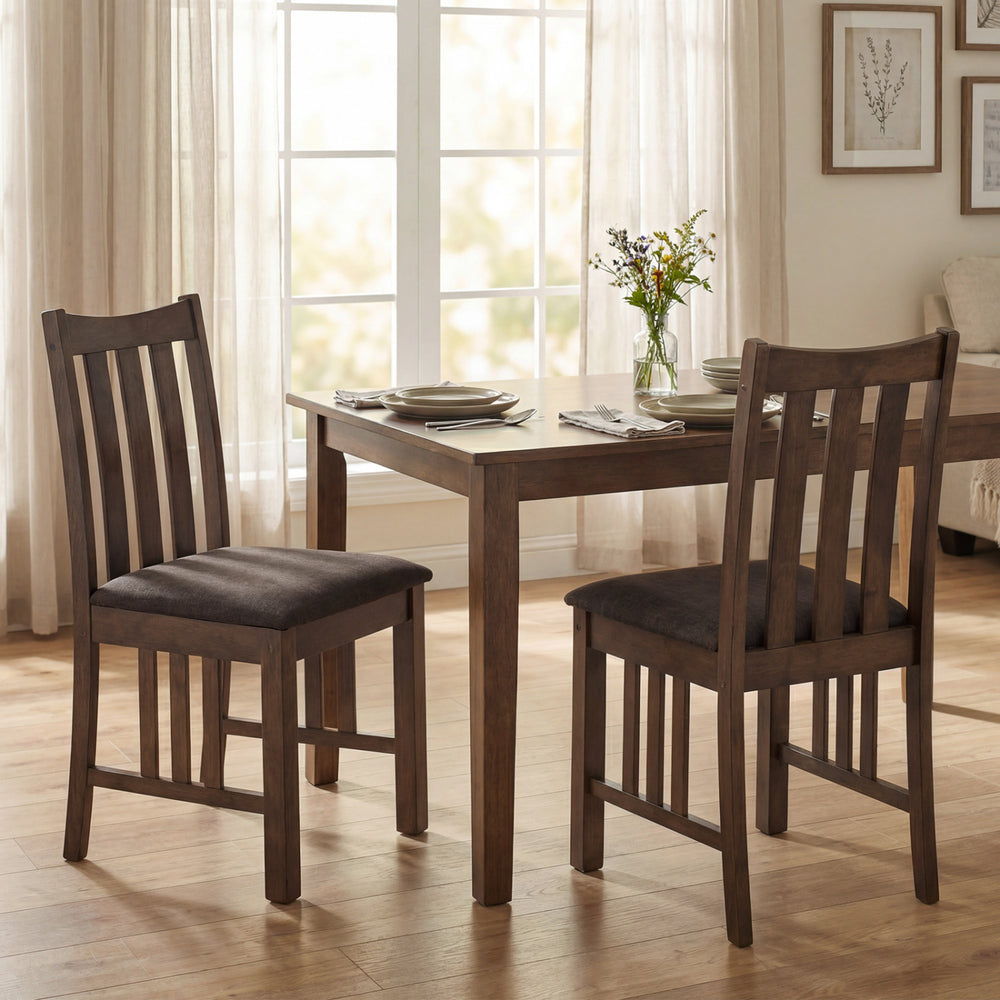 Brown rubber wood dining chairs with slat backrest, featuring soft padded sponge for comfort, ideal for kitchen or.