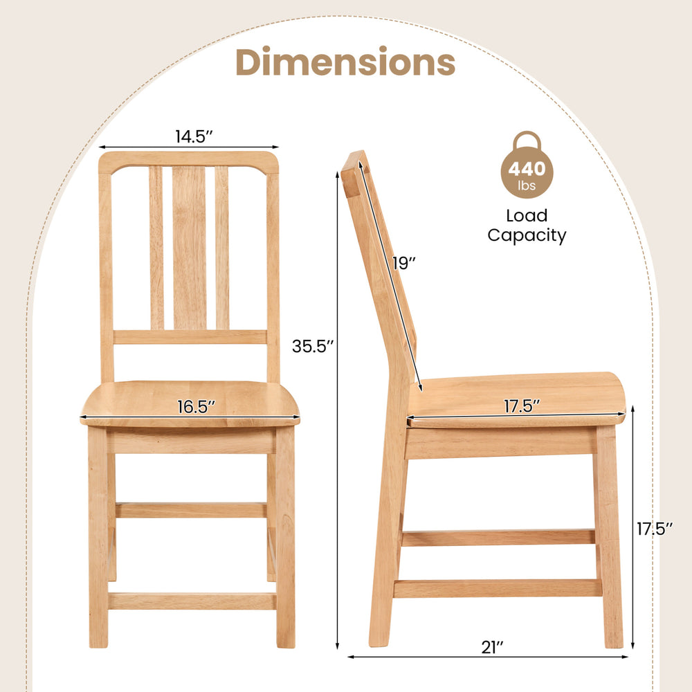 Natural rubber wood dining chair with ergonomic hollowed backrest, showcasing dimensions and 440 lbs load capacity.