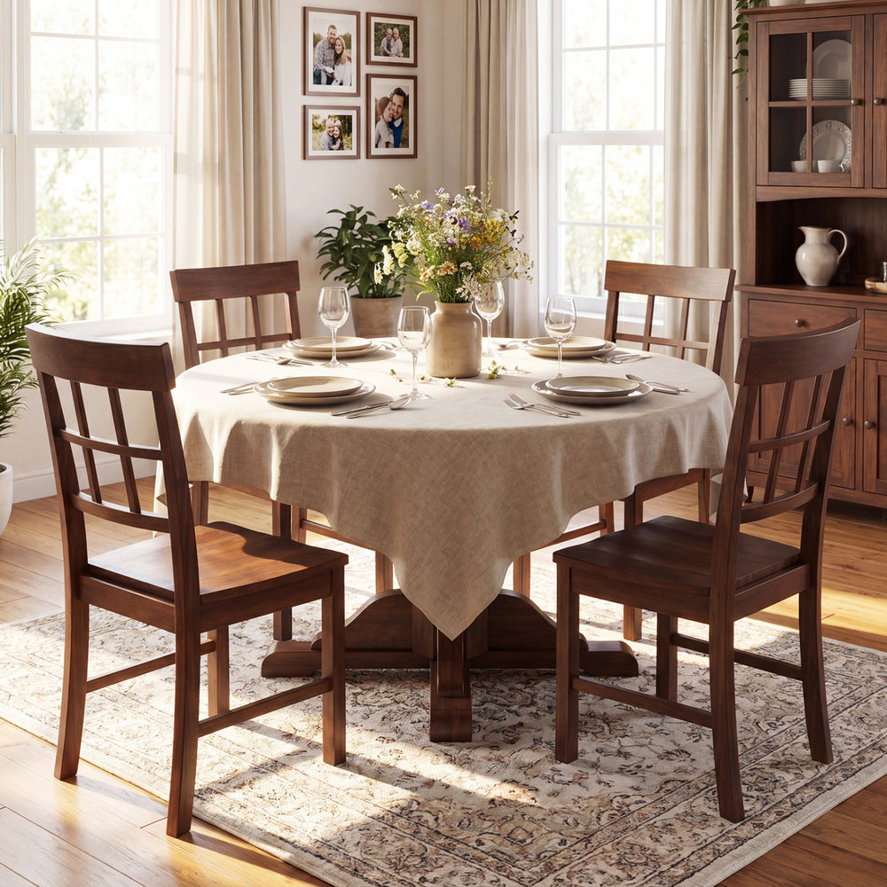 Rubber wood dining chairs set of 4 with high backrests, arranged around a round table in a cozy dining room.