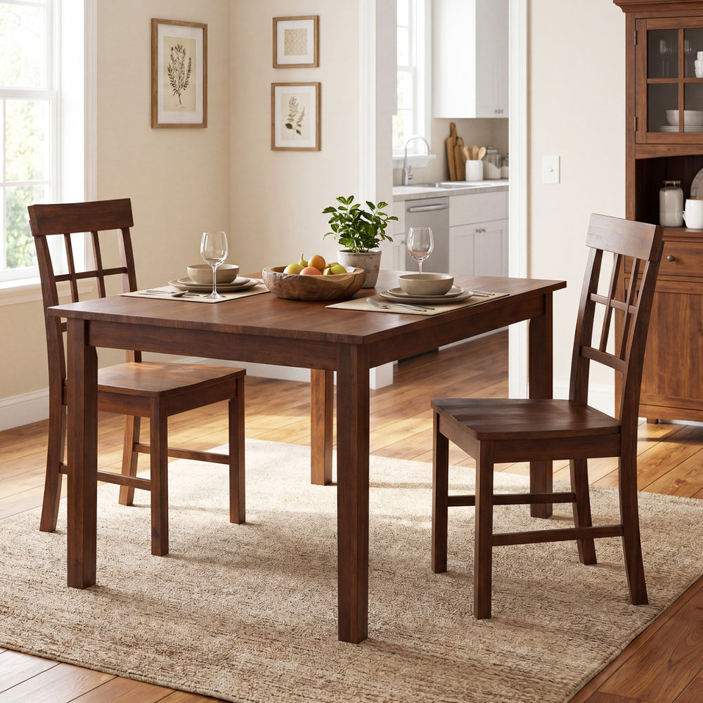 Brown rubber wood dining chairs set of 4 with high backrests, arranged around a dining table in a cozy kitchen setting.