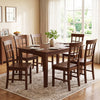 Rubber wood dining chairs set of 4 with high backrests in brown, arranged around a dining table in a bright room.