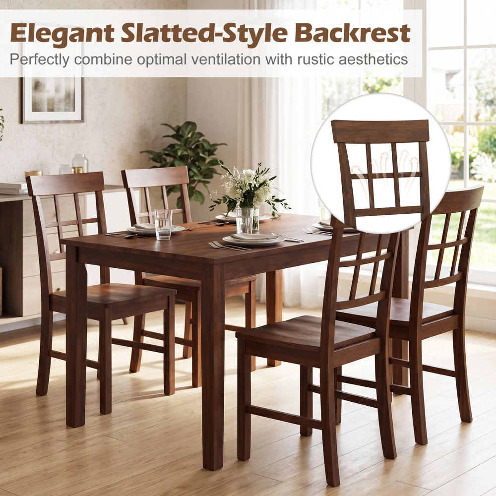 Rubber wood dining chairs set of 4 with high slatted backrests in brown, ideal for rustic dining spaces.