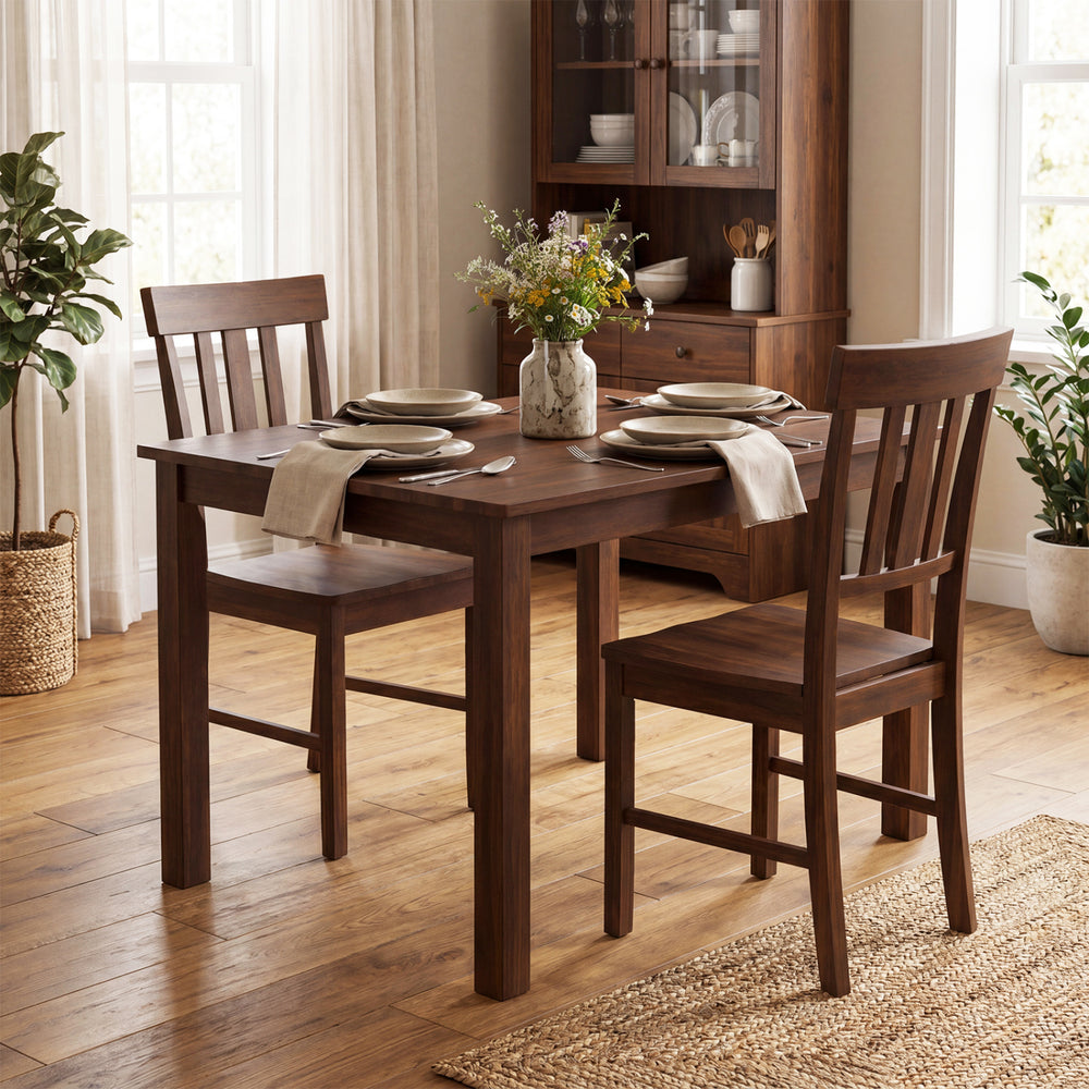 Brown rubber wood dining chairs set of 2 with high slat backrests, perfect for enhancing your dining space.