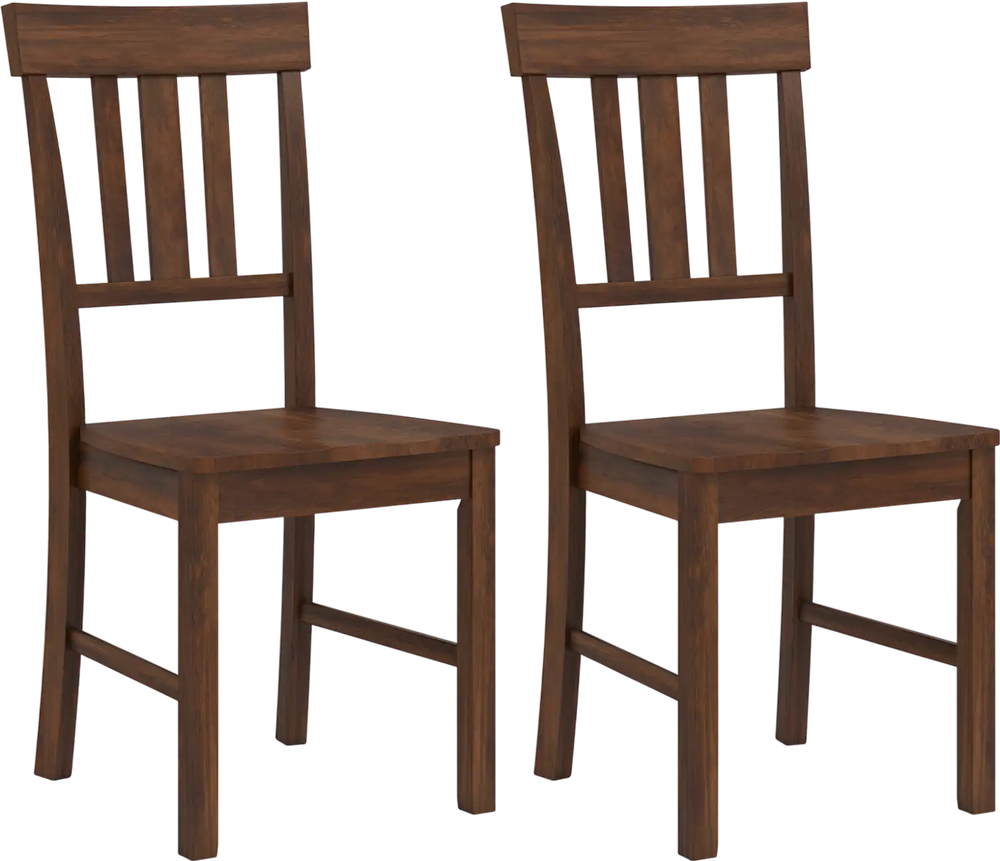 Set of 2 brown rubber wood dining chairs featuring high slat backrests for stylish seating in any dining area.