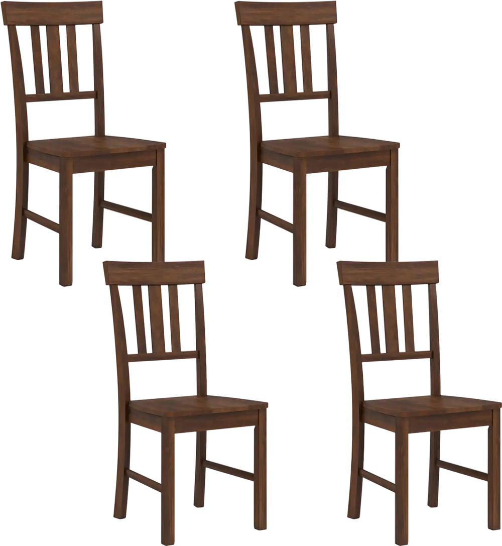 Set of 4 brown rubber wood dining chairs with high slat backrests, perfect for dining rooms or kitchen spaces.