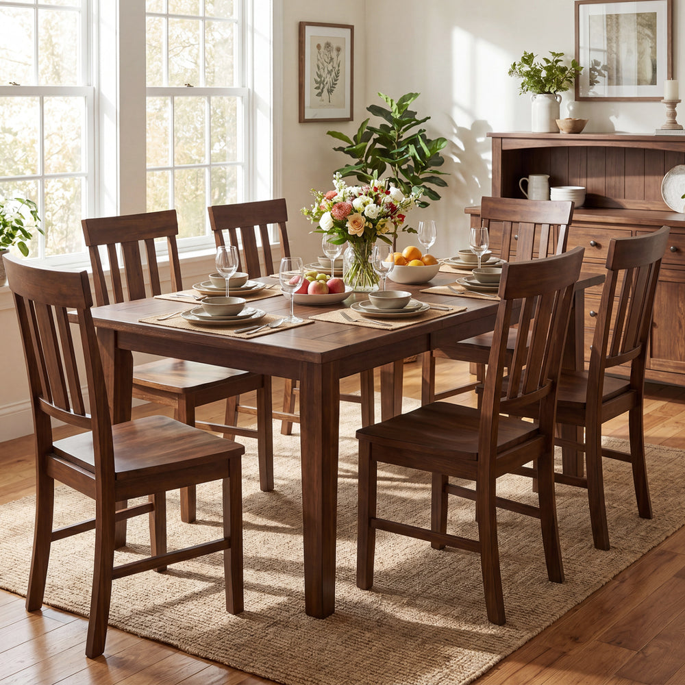 Rubber wood dining chairs set of 4 with high slat backrests in brown, arranged around a wooden dining table.