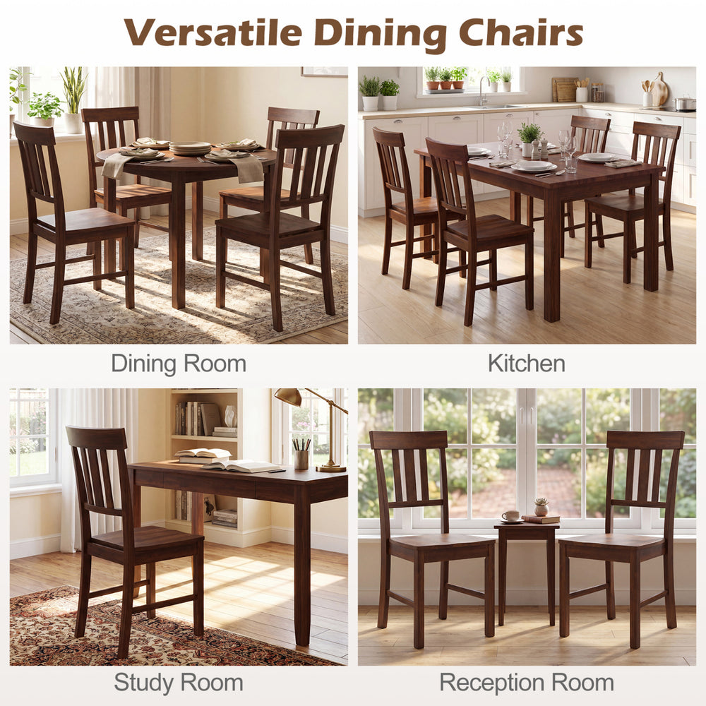 Set of 4 brown rubber wood dining chairs with high slat backrests, ideal for dining room or kitchen use.