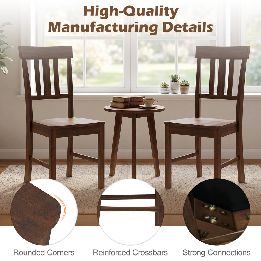 Rubber wood dining chairs set of 4 with high slat backrests in brown, showcasing rounded corners and strong connections.