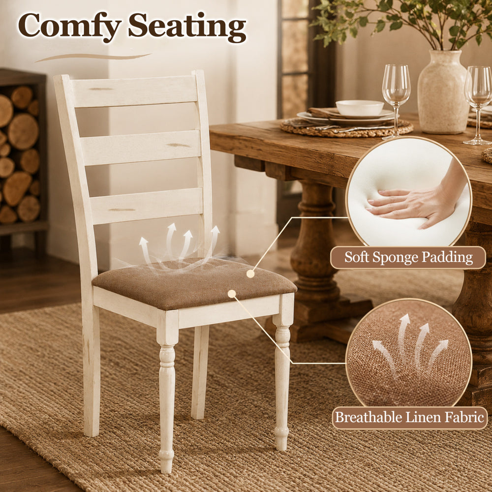 White rubber wood dining chair with padded linen seat and slatted backrest, ideal for dining room or living room use.
