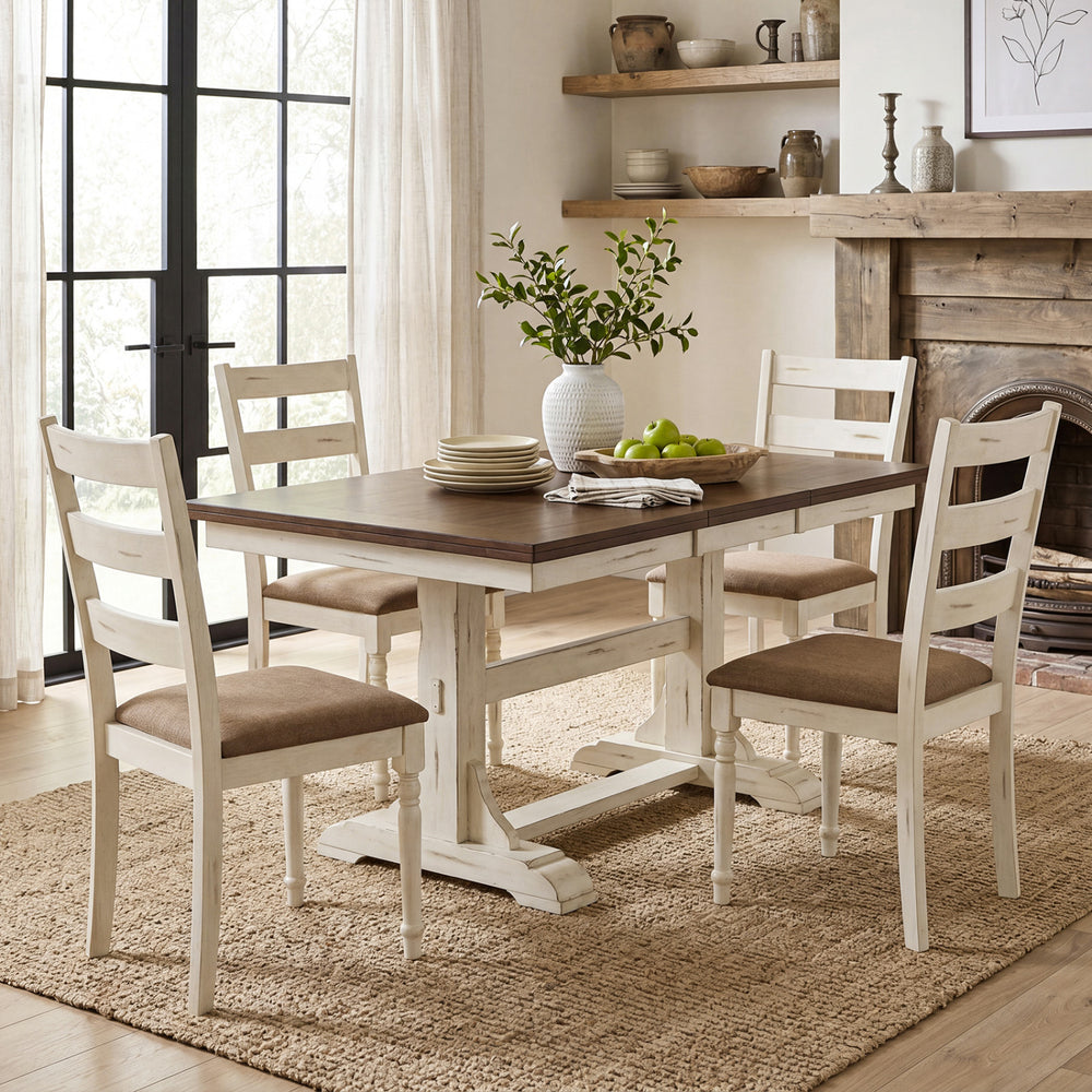 Set of four white rubber wood dining chairs with padded linen seats and slatted backrests for comfortable seating.
