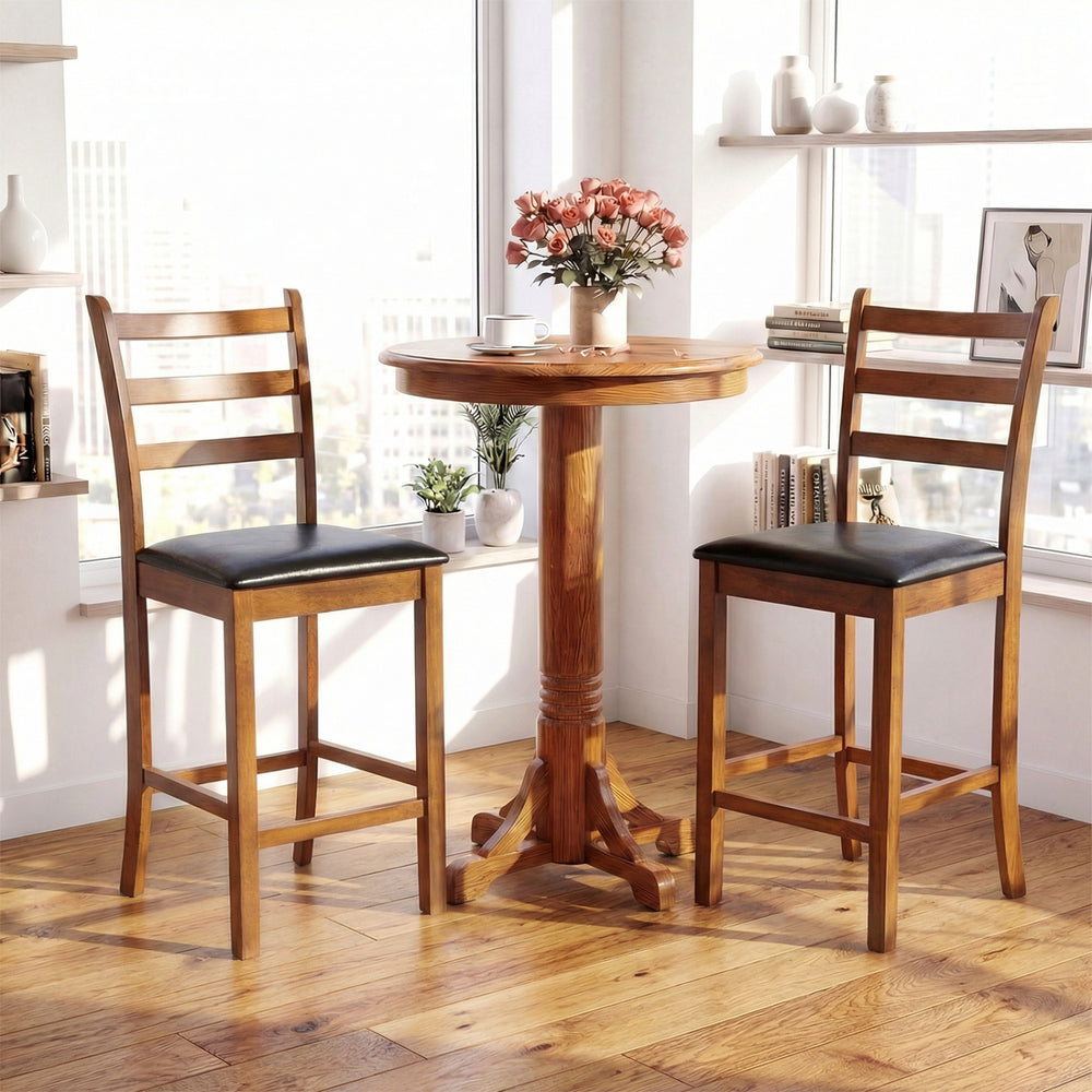 Ladder back bar stools set of 2 in walnut with faux leather seats, ideal for kitchen islands or home bars.