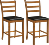 Set of 2 walnut rubber wood ladder back bar stools with black upholstered seats for kitchen island or home bar use.