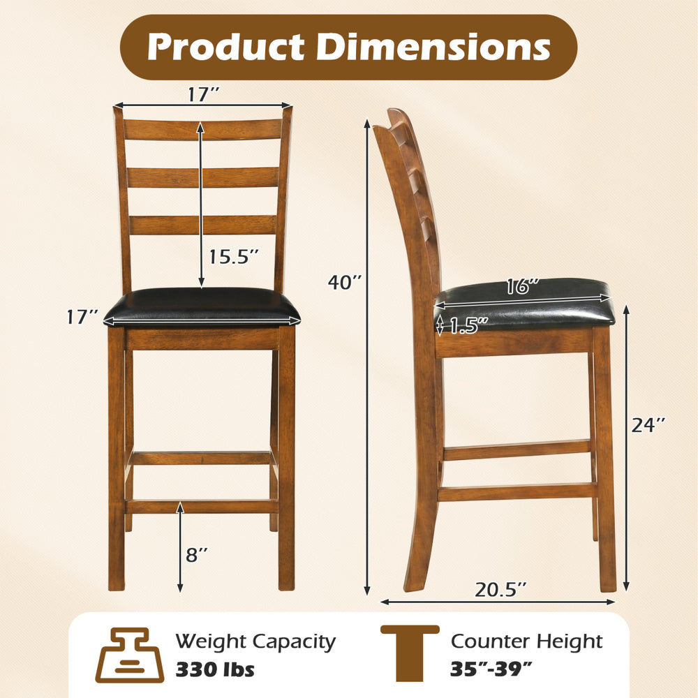 Ladder back bar stool set of 2 in walnut, 24-inch height, with faux leather seats and ergonomic support for kitchen.