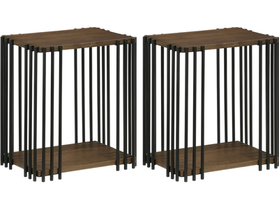 Costway Rubber Wood Side Table Set of 2 w/ 2-Tier Storage Shelves Metal Frame 68252473 New