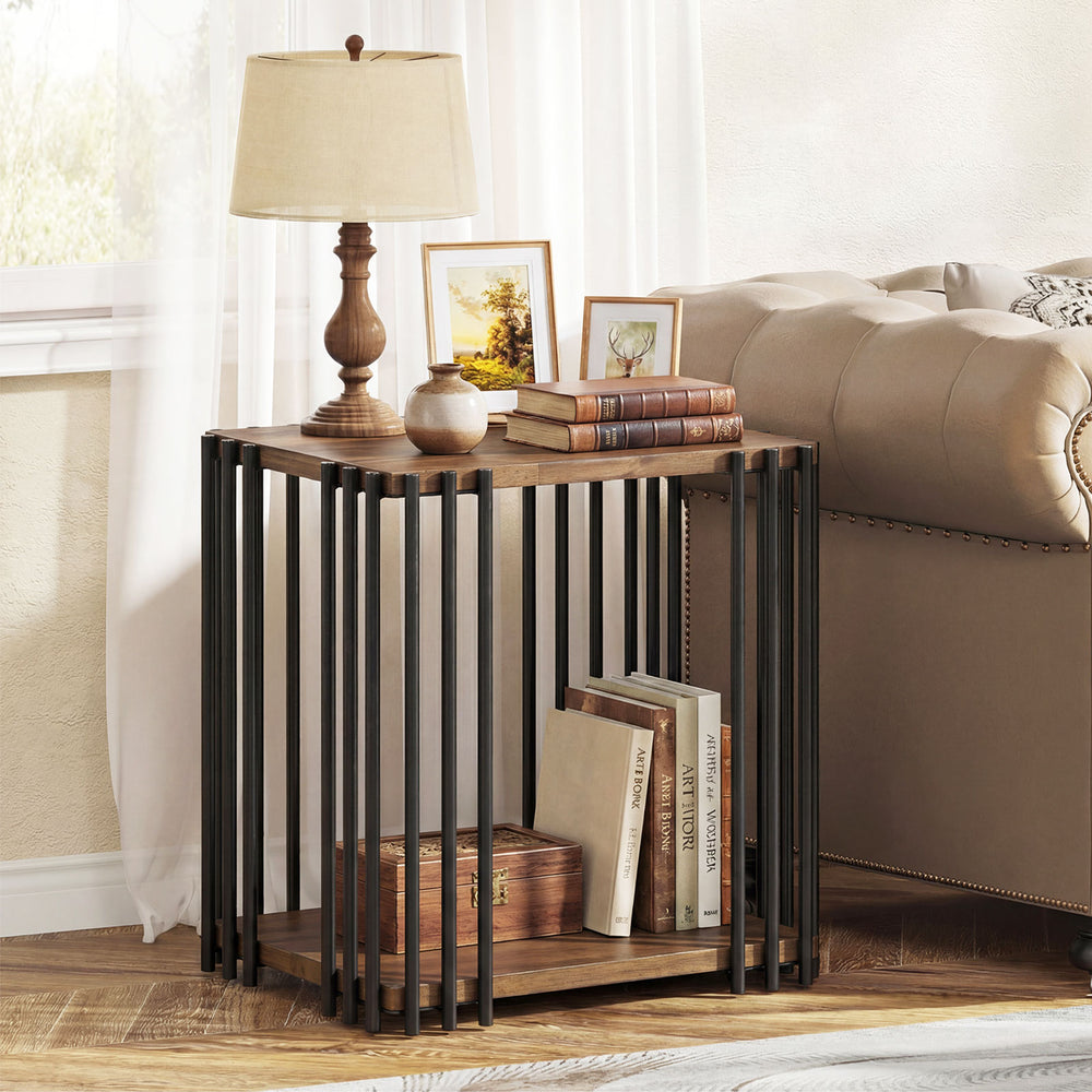 Rubber wood side table with 2-layer storage shelves and metal frame in walnut finish, perfect for living room or.