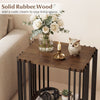 Rubber wood side table with metal frame, featuring 2-layer storage shelves, perfect for rustic living spaces.