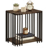 Rubber wood side table with 2-layer storage shelves and metal frame in walnut, perfect for living room or bedroom use.