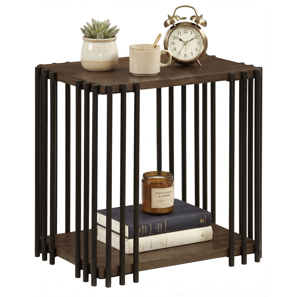 Rubber wood side table with 2-layer storage shelves and metal frame in walnut, perfect for living room or bedroom use.