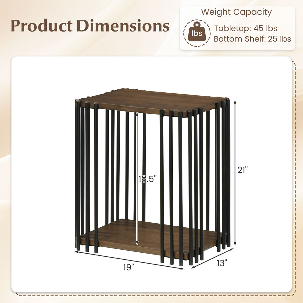 Rubber wood side table with a walnut finish, featuring a metal frame and two-layer storage shelves for versatile use.