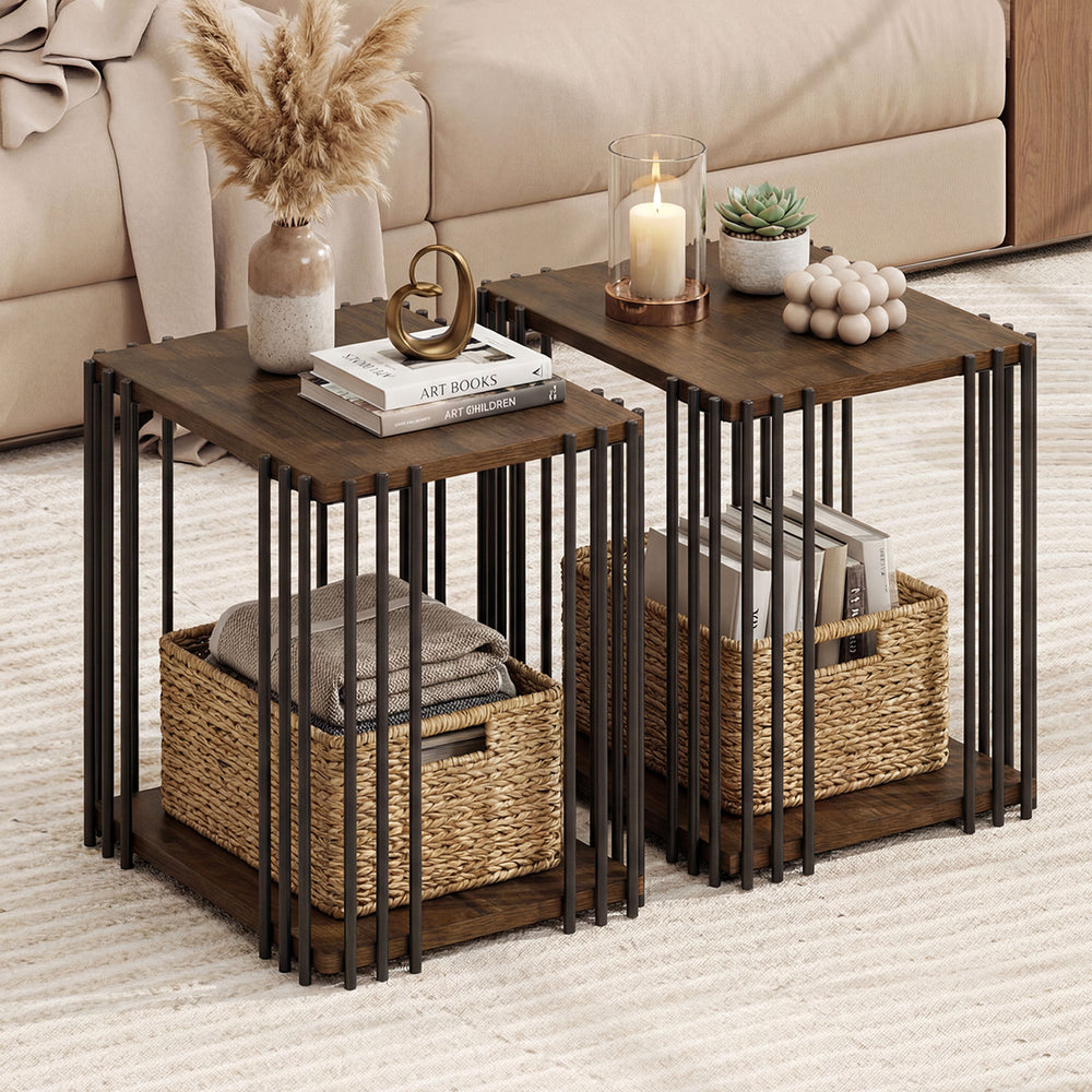 Rustic rubber wood side table set of 2 with metal frame, featuring 2-layer storage shelves for living room or bedroom.