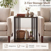 Rubber wood side table with 2-tier storage shelves, featuring a walnut finish and metal frame, ideal for living room.