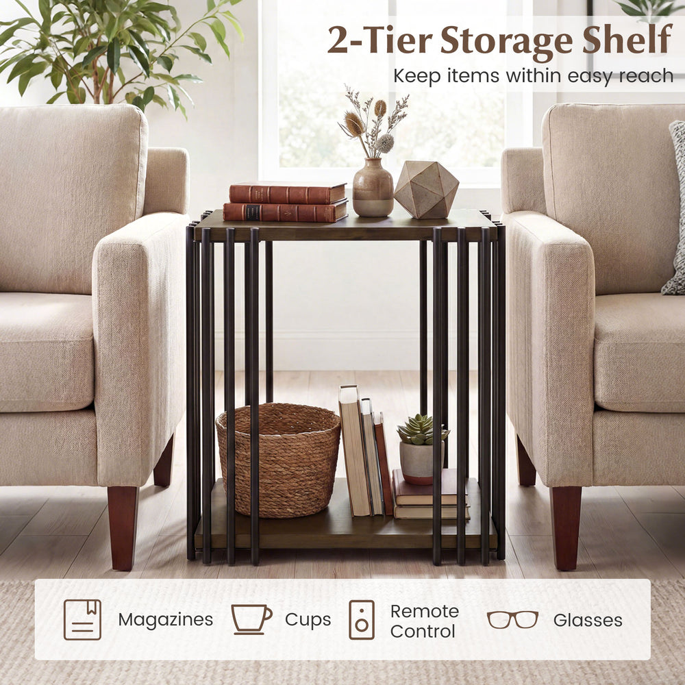 Rubber wood side table with 2-tier storage shelves, featuring a walnut finish and metal frame, ideal for living room.