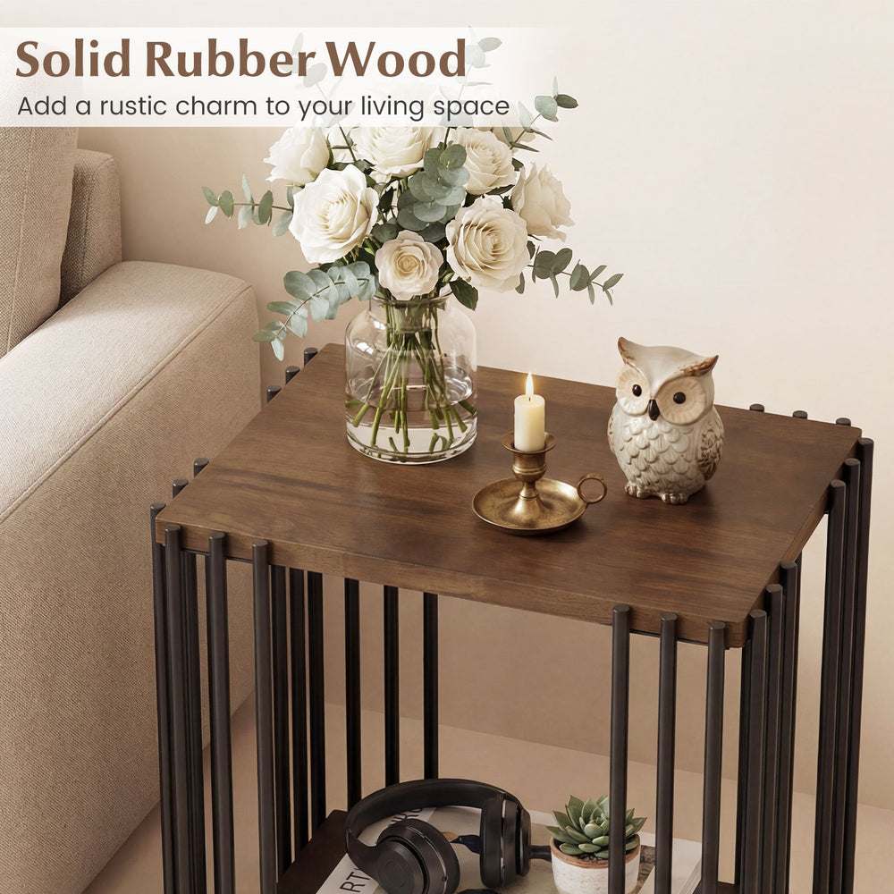 Rubber wood side table with metal frame, featuring a 2-tier storage shelf, perfect for rustic living room decor.