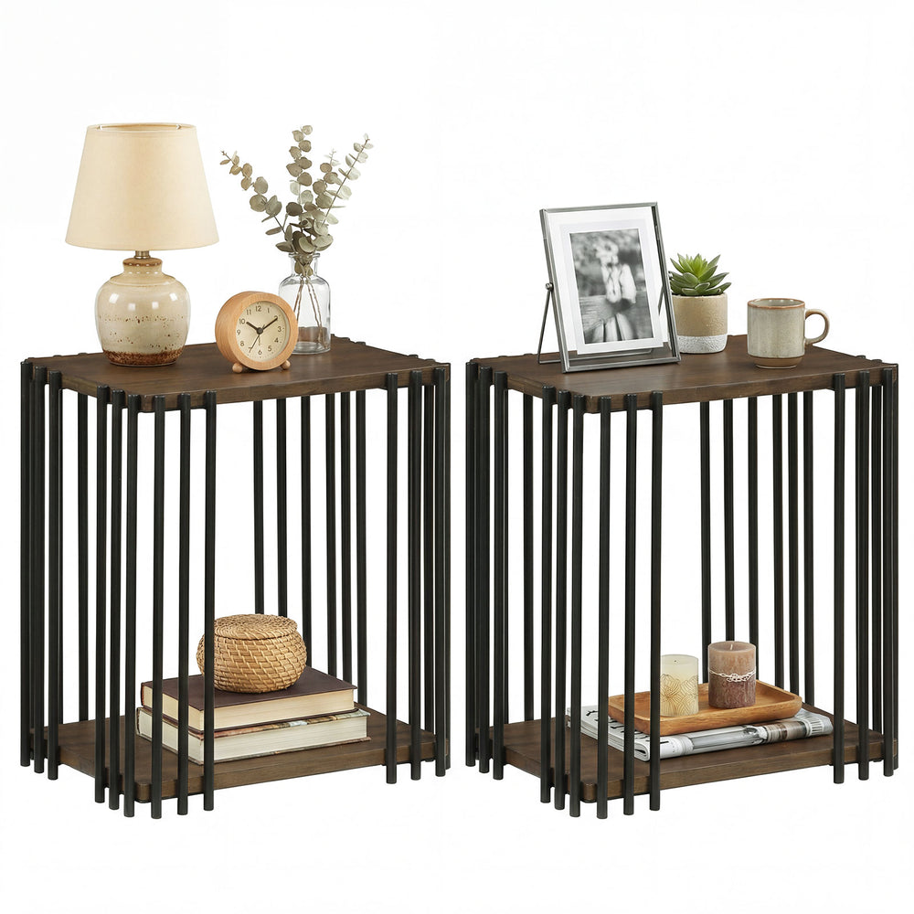 Rubber wood side table set of 2 with metal frame, featuring 2-layer storage shelves for living room or bedroom use.