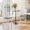 Two white rubber wooden bar stools with ergonomic backs and linen cushions, perfect for kitchen islands or cafes.