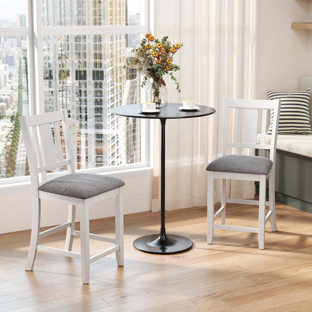 Two white rubber wooden bar stools with ergonomic backs and linen cushions, perfect for kitchen islands or cafes.