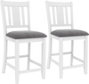 Set of 2 white rubber wood bar stools with ergonomic back and comfortable linen cushions, ideal for kitchen islands.