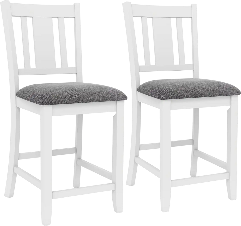 Set of 2 white rubber wood bar stools with ergonomic back and comfortable linen cushions, ideal for kitchen islands.