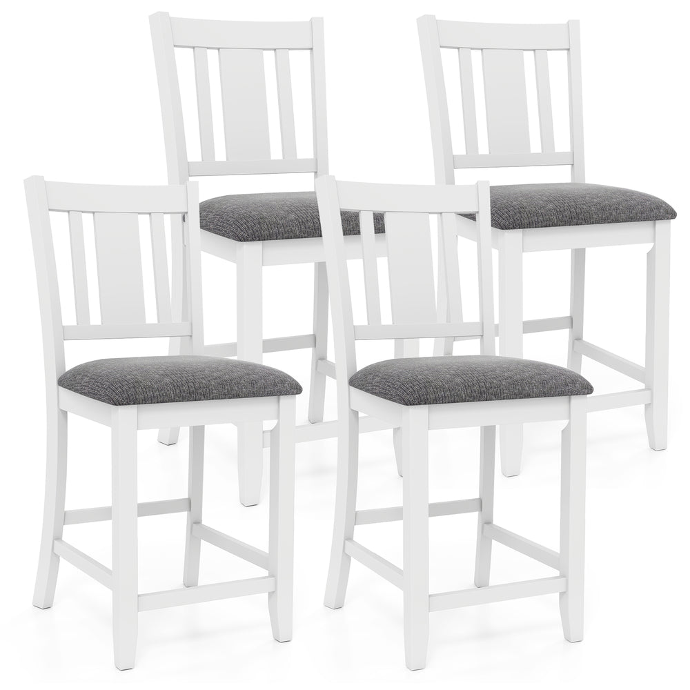 Set of four white rubber wood bar stools with ergonomic backs and comfortable linen cushions, ideal for kitchen islands.