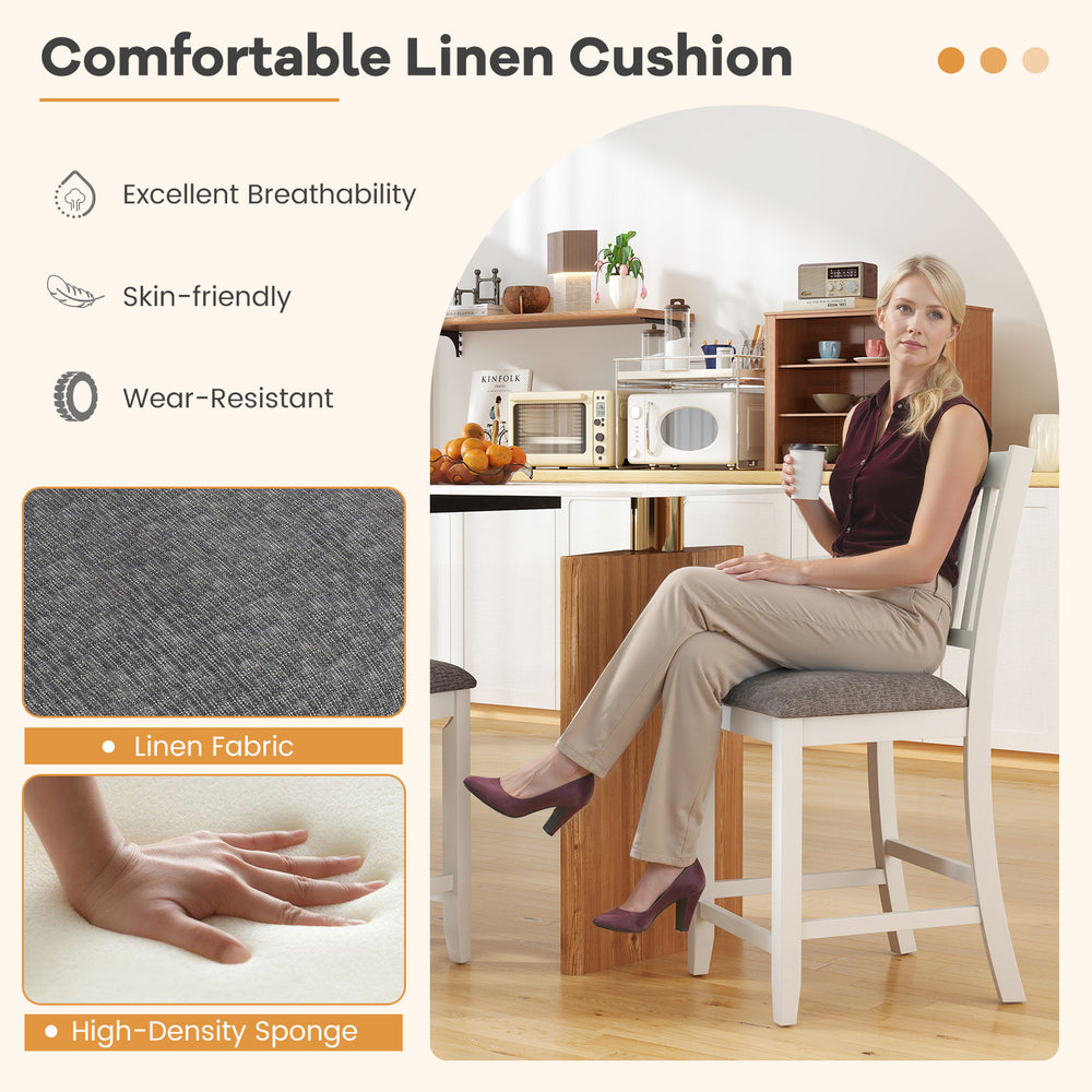 Rubber wooden bar stool with ergonomic back and comfortable linen cushion, ideal for kitchen islands and cafes.