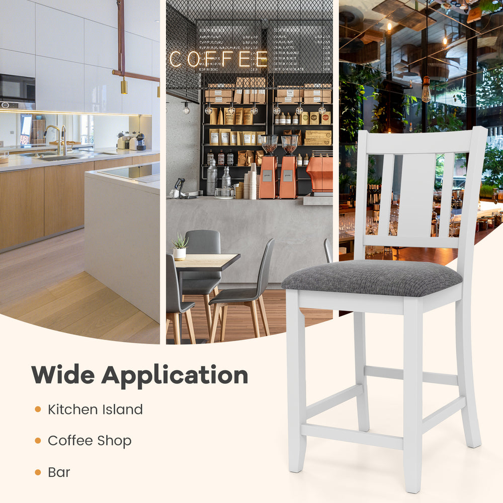 White rubber wooden bar stool with ergonomic back and linen cushion, ideal for kitchen islands and cafes.