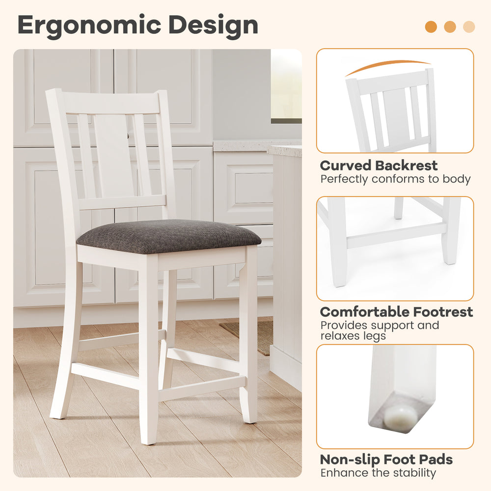 White rubber wood bar stool with ergonomic curved backrest and comfortable linen cushion, perfect for kitchen islands.