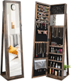 Standing lockable jewelry storage organizer with full-length mirror in brown, featuring anti-rust hooks and velvet.