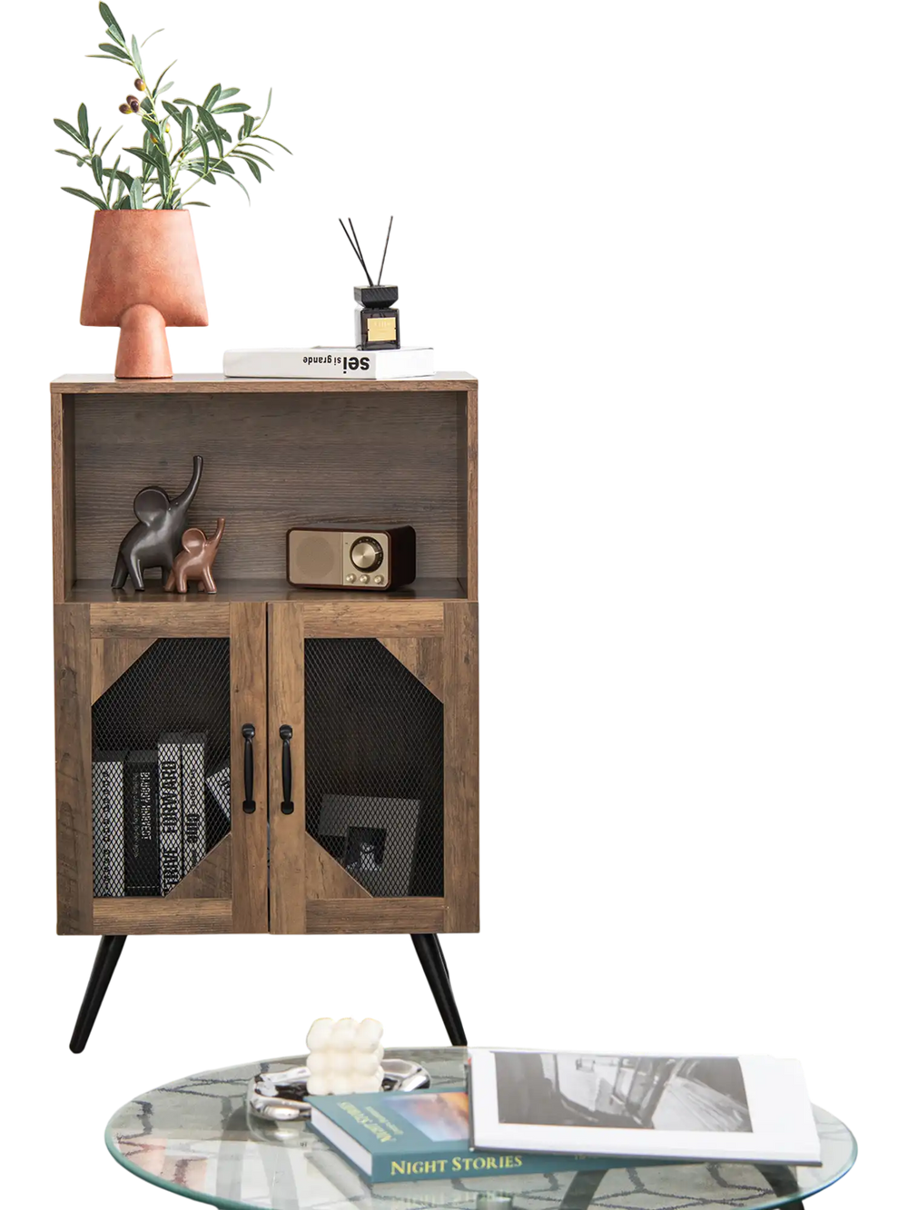 Rustic brown 2-door farmhouse kitchen storage bar cabinet with wine rack and glass holder, featuring a stylish metal.